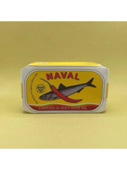 Naval Sardines in Spicy Olive Oil (120gr), Nutritional Info - Spiced Sauce, Opened tin view