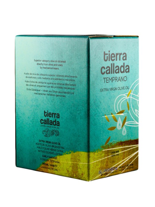 Tierra Callada Strong personality for an outstanding oilIntense, robust and complex extra virgin olive oil - Picual variety Healthy properties: high polyphenol (antioxidant) and oleocanthal (anti-inflammatory) content, plus 80% monounsaturated fats Perfect for dressing recipes with just a few ingredients. Amazing finishing warm dishes: pasta, meat, vegetables... Cold extraction and harvested in October from green olives Bag in box: best format to preserve the aromas and properties of the olive oil 