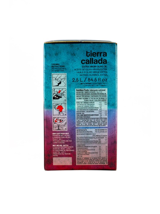 Tierra Callada Sweet and kind profile, suitable for all audiencesMild, fruity and elegant extra virgin olive oil - Arbequina variety Healthiest substitution instead butter in baking recipes, ads a hint of banana and apple Ideal on subtle and delicate recipes: dressing fish, elaborating a mayonnaise, soft cheeses, etc. Cold extraction and harvested in November from half green half ripe olives Bag in box: best format to preserve the aromas and properties of the olive oil 