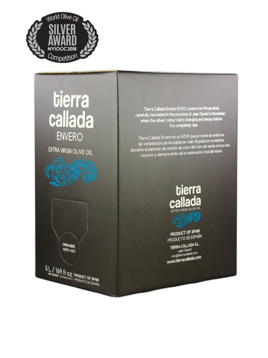 Tierra Callada Premium "all in one" every day oilMedium intensity extra virgin olive oil - Picual variety Excellent finishing oil but also perfectly suitable for cooking due to high polyphenol (antioxidant) content, giving the oil great stability and performance at high temperatures Cold extraction and harvested in November from half green half ripe olives Silver award at the New York International Olive Oil Competition (NYIOOC) Bag in box: best format to preserve the aromas and properties of the olive oil