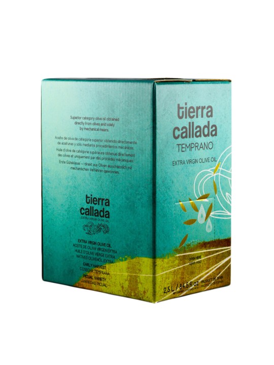 Tierra Callada Strong personality for an outstanding oilIntense, robust and complex extra virgin olive oil - Picual variety Healthy properties: high polyphenol (antioxidant) and oleocanthal (anti-inflammatory) content, plus 80% monounsaturated fats Perfect for dressing recipes with just a few ingredients. Amazing finishing warm dishes: pasta, meat vegetables... Cold extraction and harvested in October from green olives Bag in box: best format to preserve the aromas and properties of the olive oil