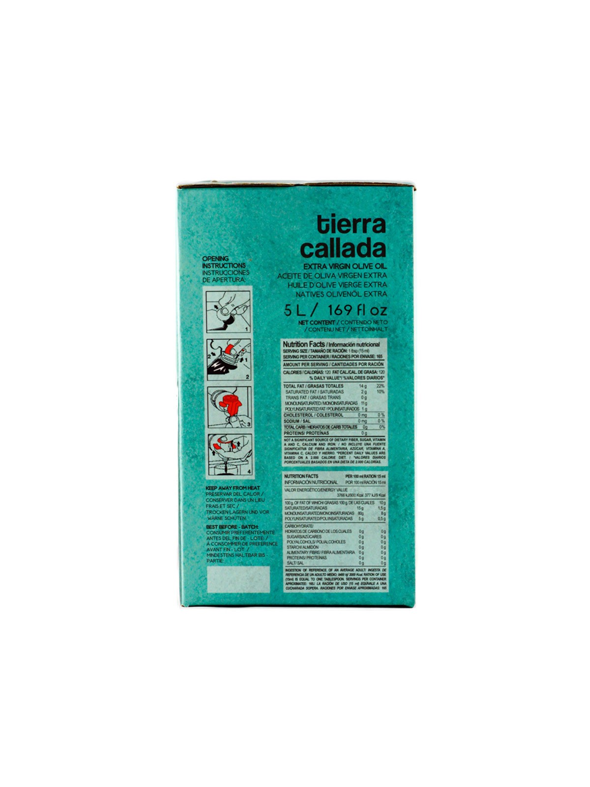 Tierra Callada Strong personality for an outstanding oilIntense, robust and complex extra virgin olive oil - Picual variety Healthy properties: high polyphenol (antioxidant) and oleocanthal (anti-inflammatory) content, plus 80% monounsaturated fats Perfect for dressing recipes with just a few ingredients. Amazing finishing warm dishes: pasta, meat, vegetables... Cold extraction and harvested in October from green olives Bag in box: best format to preserve the aromas and properties of the olive oil 