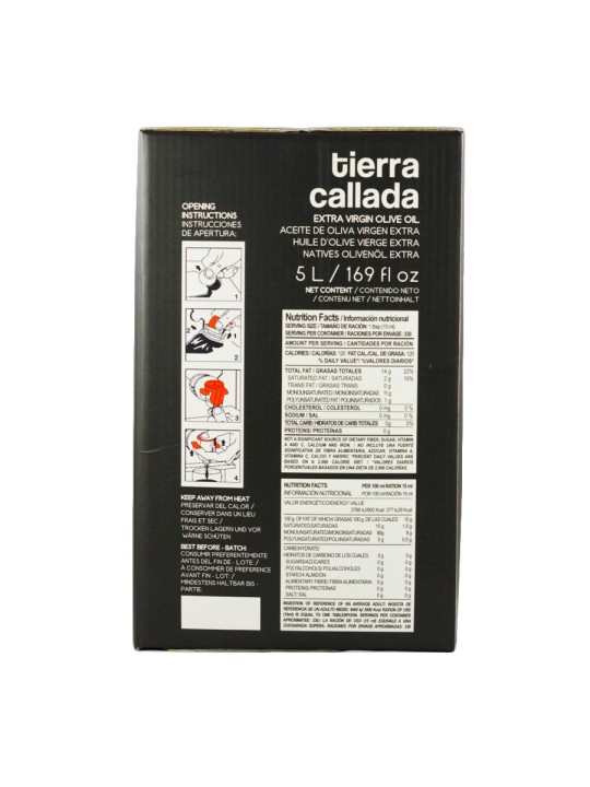 Tierra Callada Premium "all in one" every day oilMedium intensity extra virgin olive oil - Picual variety Excellent finishing oil but also perfectly suitable for cooking due to high polyphenol (antioxidant) content, giving the oil great stability and performance at high temperatures Cold extraction and harvested in November from half green half ripe olives Silver award at the New York International Olive Oil Competition (NYIOOC) Bag in box: best format to preserve the aromas and properties of the olive oil